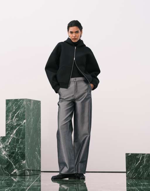 Weekday - Scarlet - Sweat à capuche zippé oversize en imitation néoprène - Noir, 2 de 4