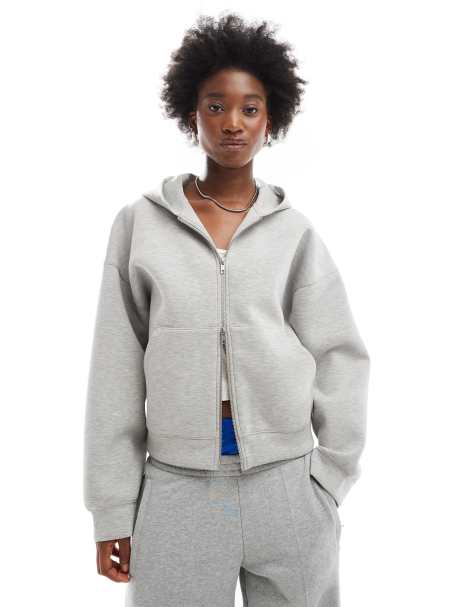 Weekday – Scarlet – Szara melanżowa bluza oversize z kapturem i zapięciem na zamek, z materiału nurek - view 1