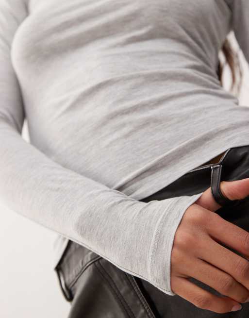 Weekday – Schmal geschnittenes, langärmliges Shirt in meliertem Grau, 4 von 4