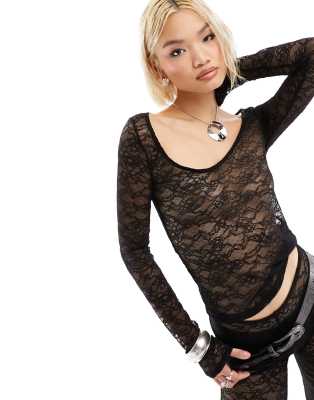 Weekday scoop neck lace long sleeve top in black (part of a set)