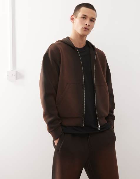 Weekday scuba-style fabric zip through hoodie in brown wash (part of a set) - view 1