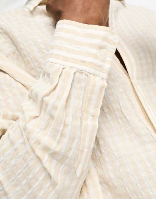 Weekday seersucker linen blend oversized shirt in beige and off-white stripe, 2 of 4