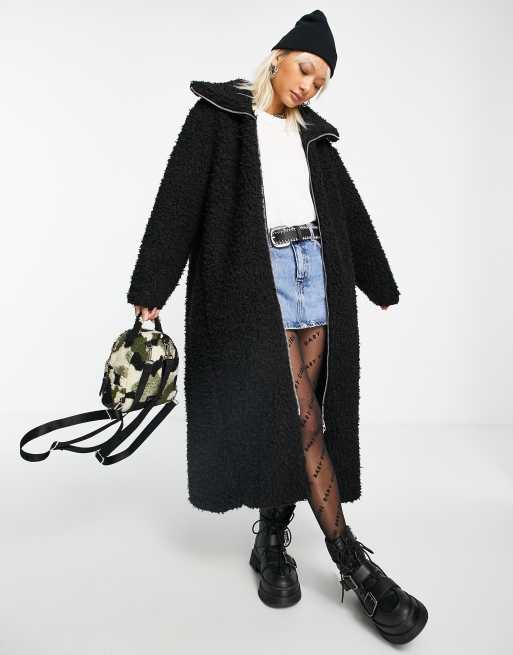 Weekday - Sei - Manteau long en fausse fourrure - Noir - BLACK