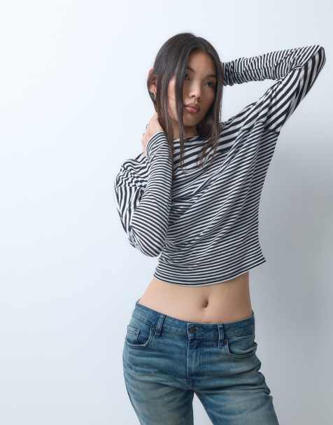 Weekday semi sheer batwing long sleeve top in black and white stripe 