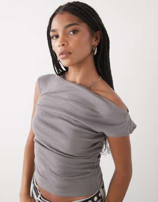 Weekday Semi Sheer Drape Neck Top In Gray