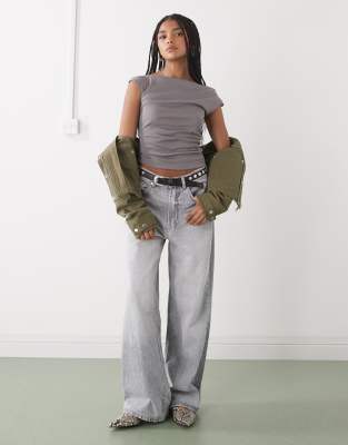 Weekday Semi Sheer Drape Neck Top In Gray