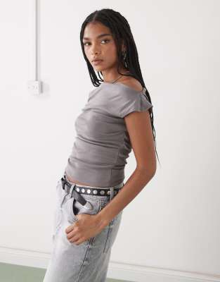 Weekday semi sheer drape neck top in mid gray | ASOS