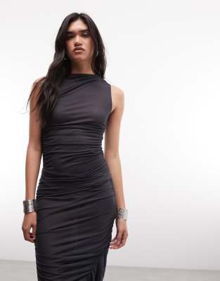 Weekday Semi Sheer High Neck Gathered Tank Top In Gray
