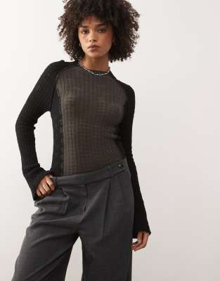 Weekday Semi Sheer Knit Long Sleeve Top In Black