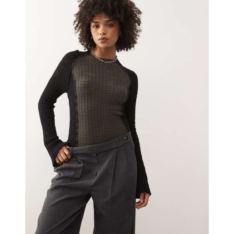 Weekday semi sheer knit long sleeve top in black & gray | ASOS