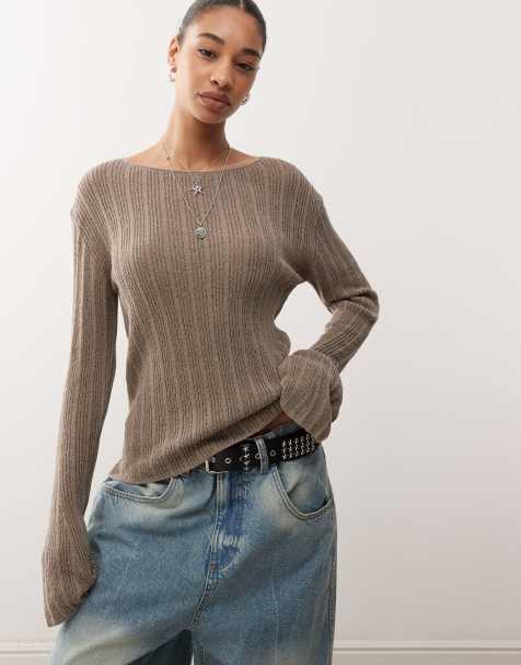 Weekday semi sheer knit slim fit sweater in mole - Exclusive to ASOS - view 1