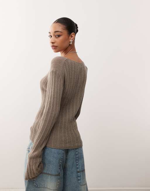 Weekday semi sheer knit slim fit sweater in mole - Exclusive to
