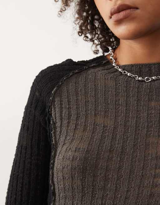 Weekday semi sheer knitted long sleeve top in black & grey, 3 of 4