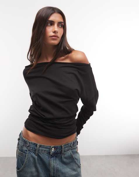 Weekday semi sheer long sleeve off shoulder top in black exclusive to ASOS - view 1