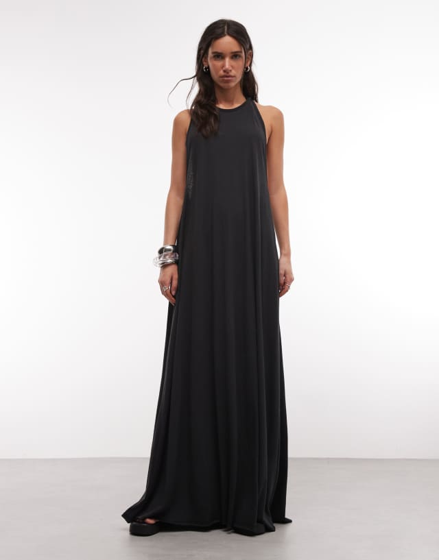 long black dress semi formal Weekday sheer maxi with drop racer back in classy formal black dress