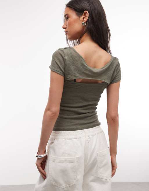 Weekday semi sheer short sleeve bolero detail top in khaki, 4 of 4