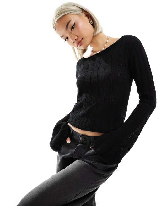 Weekday semi sheer slim fit jumper with flare sleeve in black