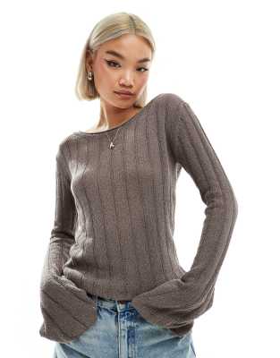 Weekday Semi Sheer Slim Fit Sweater With Flared Sleeves In Mole - Exclusive To Asos-gray