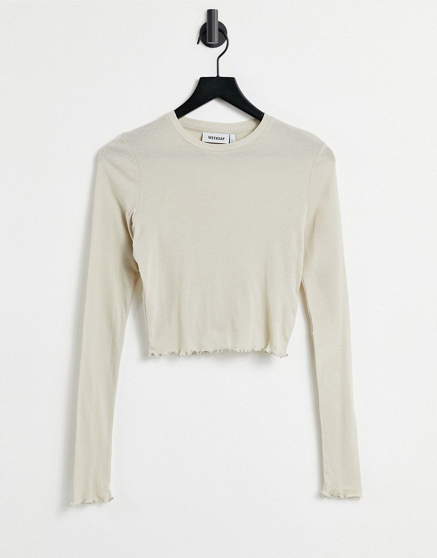 Weekday Sena long sleeve top with lettuce edge in light beige-Neutral