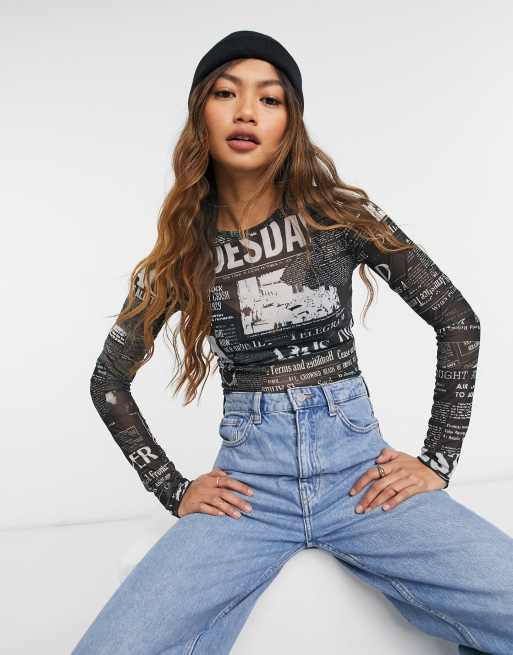 Weekday Sena long sleeved mesh top in black print | ASOS