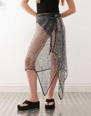 weekday sequin net wrap midi skirt in dark gray