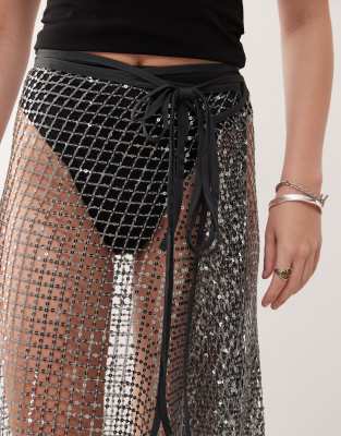 weekday sequin net wrap midi skirt in dark gray