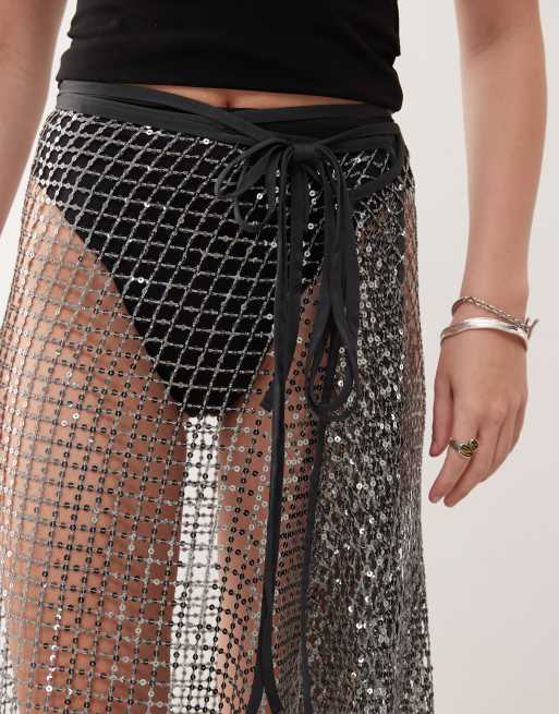 Weekday sequin net wrap midi skirt in dark gray, 5 of 5