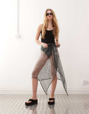 Weekday Weekday sequin net wrap midi skirt in dark grey