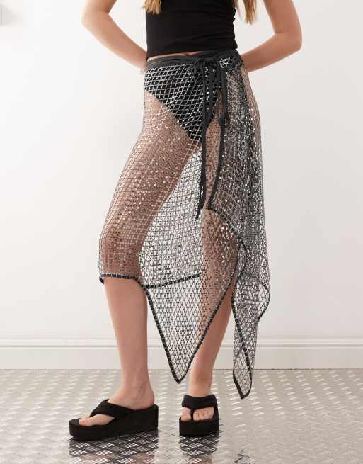 Weekday sequin net wrap midi skirt in dark grey, 2 of 5