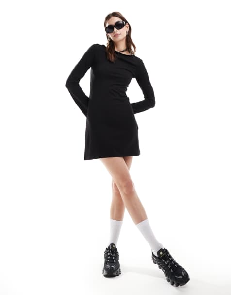 Weekday Serena boat neck long sleeve mini dress with trumpet sleeves in black - view 1