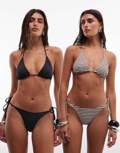Weekday - Set van 2 triangel bikinitopjes met strik in zwart en strepen - view 1