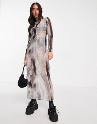 Weekday Shae exclusive long sleeve mesh midi dress in broken screen print