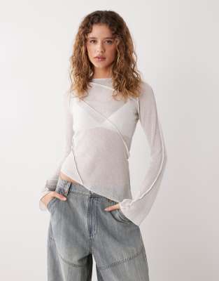 Weekday Sheer Asymmetric Long Sleeve Top With Seam Detailing In White