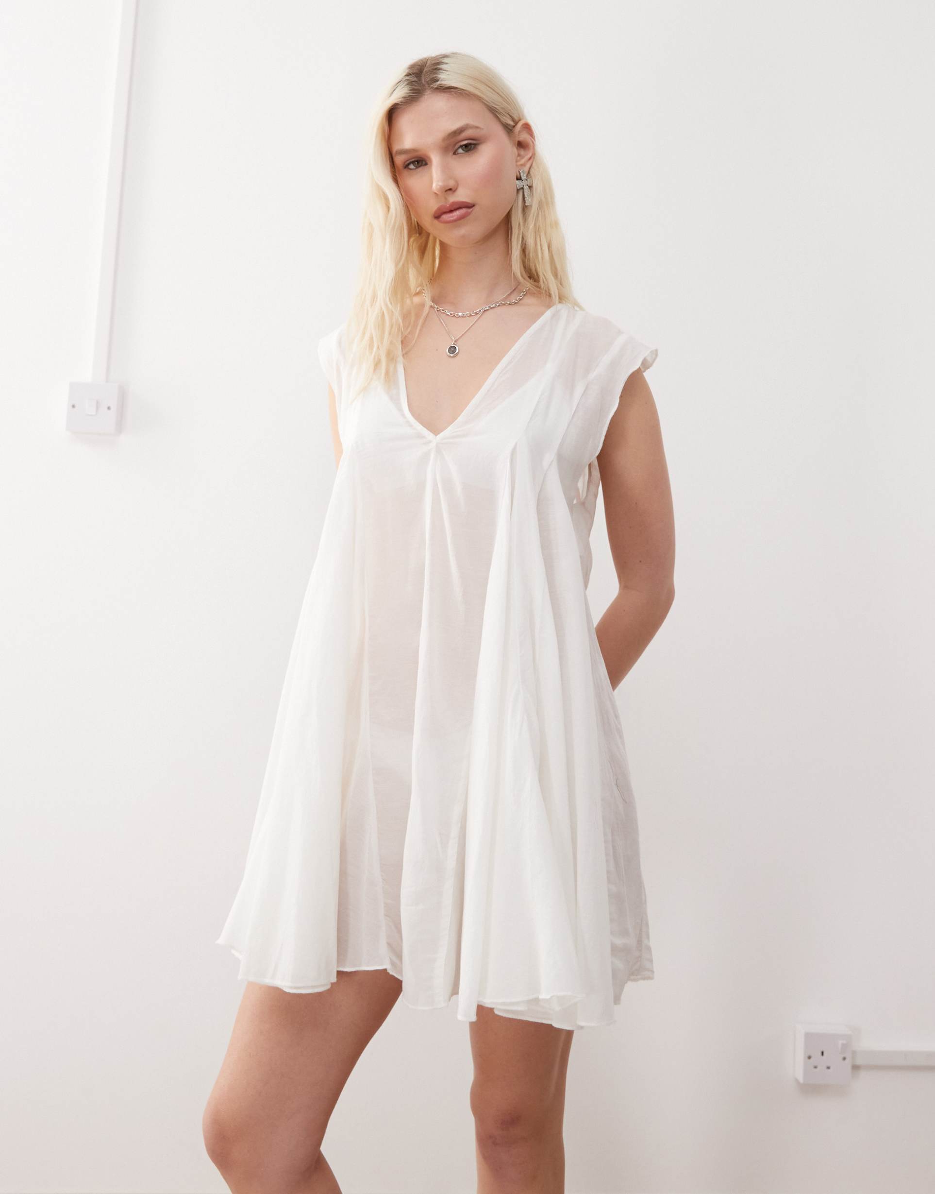 weekday sheer floaty chiffon mini dress in white