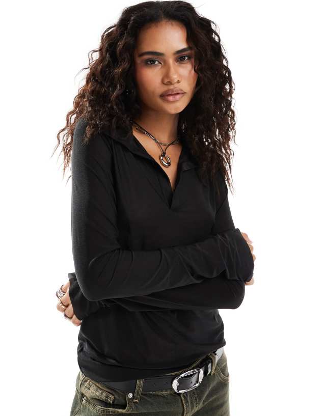 Weekday - sheer long sleeve polo top in black