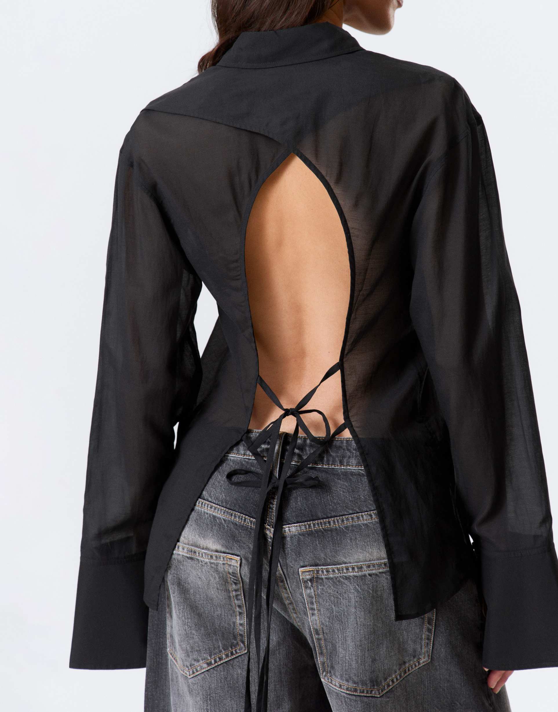 weekday sheer long sleeve shirt with open back in black