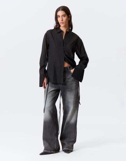 Weekday sheer long sleeve shirt with open back in black, 3 of 4