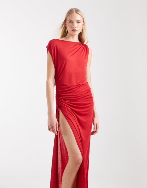 Weekday sheer maxi dress with gathered seams and side slits in red - view 1