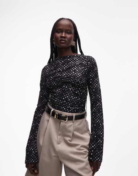 Weekday sheer mesh gathered polka dot top in black 