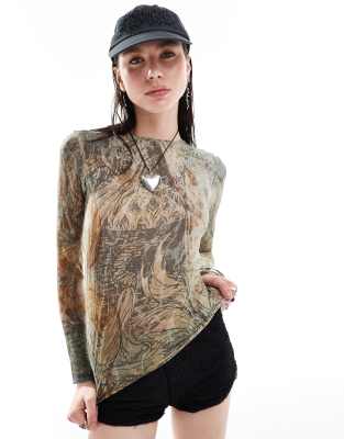 Weekday Sheer Mesh Long Sleeve Top In Fairytale Print-brown