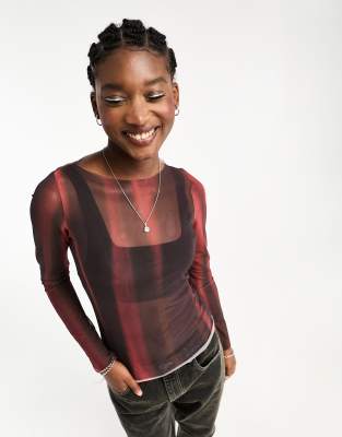 Weekday Sheer Mesh Long Sleeve Top In Red Print