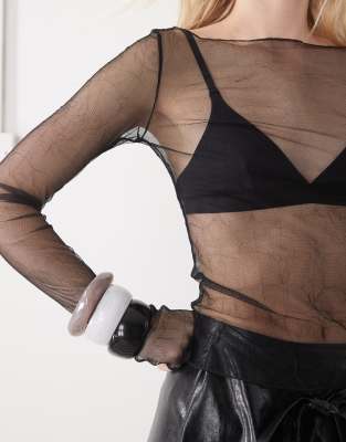 Weekday Sheer Mesh Slash Neck Long Sleeve Top In Black