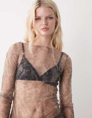 Weekday Sheer Mesh Slash Neck Long Sleeve Top In Gray