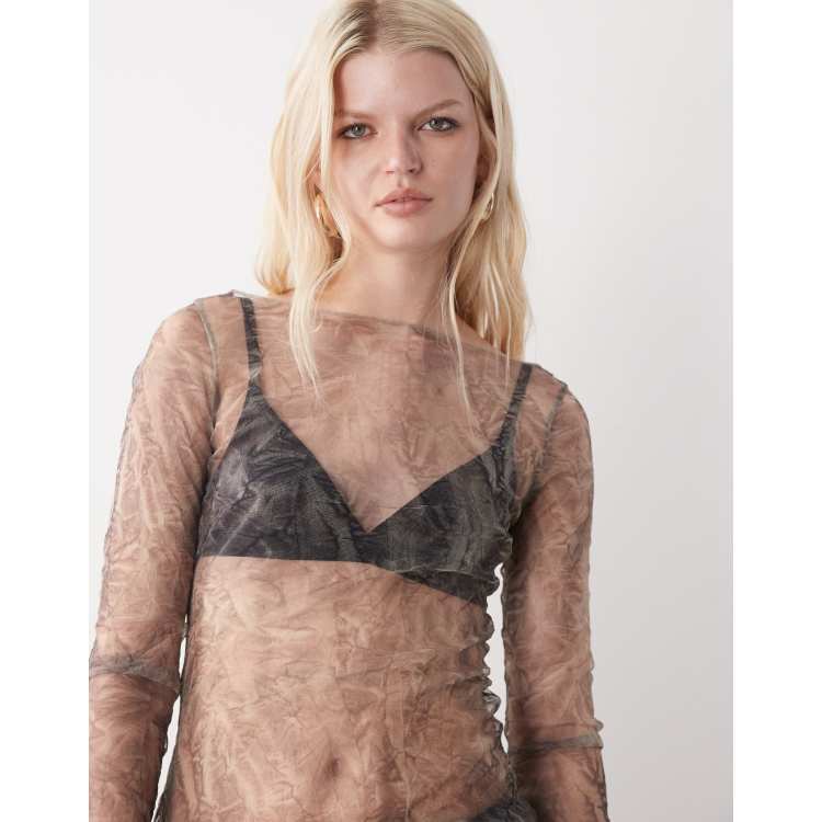 Weekday sheer mesh slash neck long sleeve top in crinkle print | ASOS