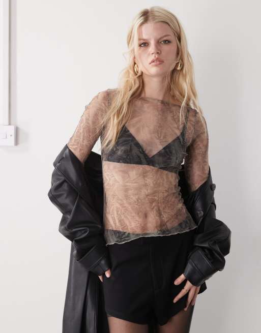 Weekday sheer mesh slash neck long sleeve top in crinkle print, 3 of 4