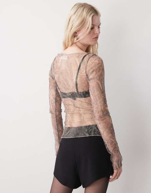 Weekday sheer mesh slash neck long sleeve top in crinkle print, 4 of 4
