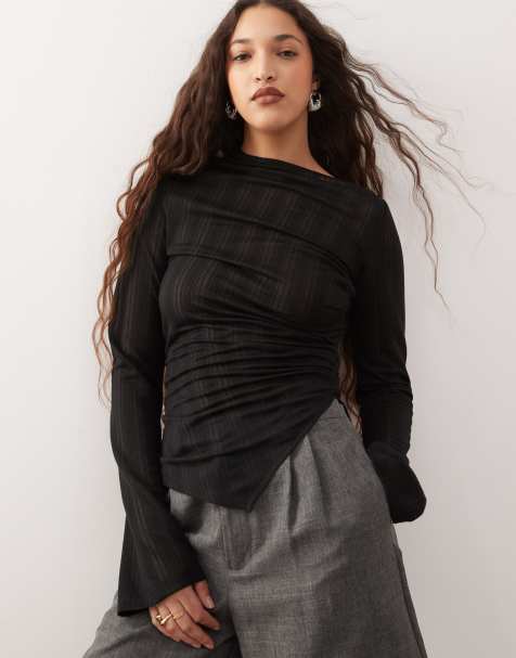 Weekday sheer mesh stripe asymmetric long sleeve top in black - view 1