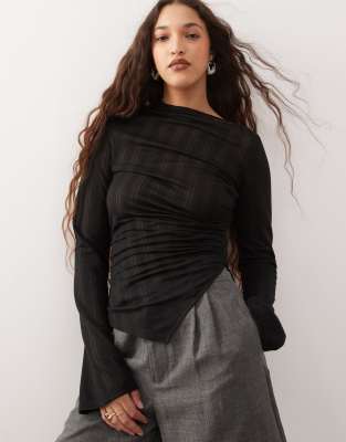 weekday sheer mesh stripe asymmetric long sleeve top in black