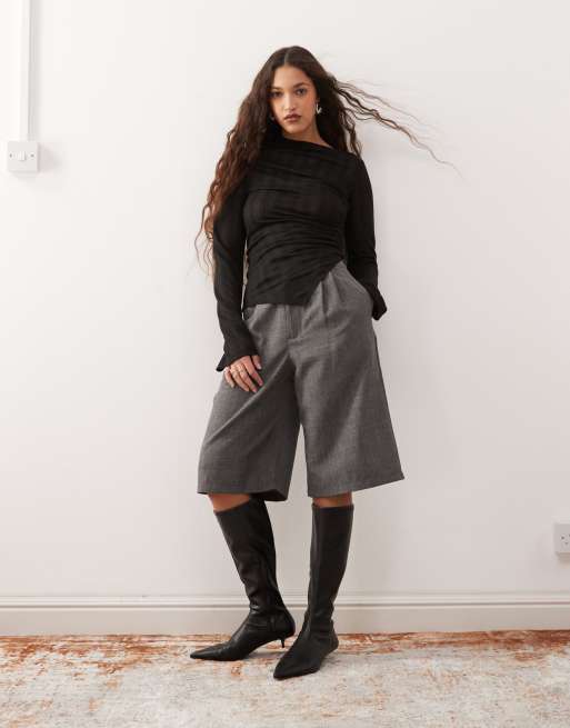 Weekday sheer mesh stripe asymmetric long sleeve top in black