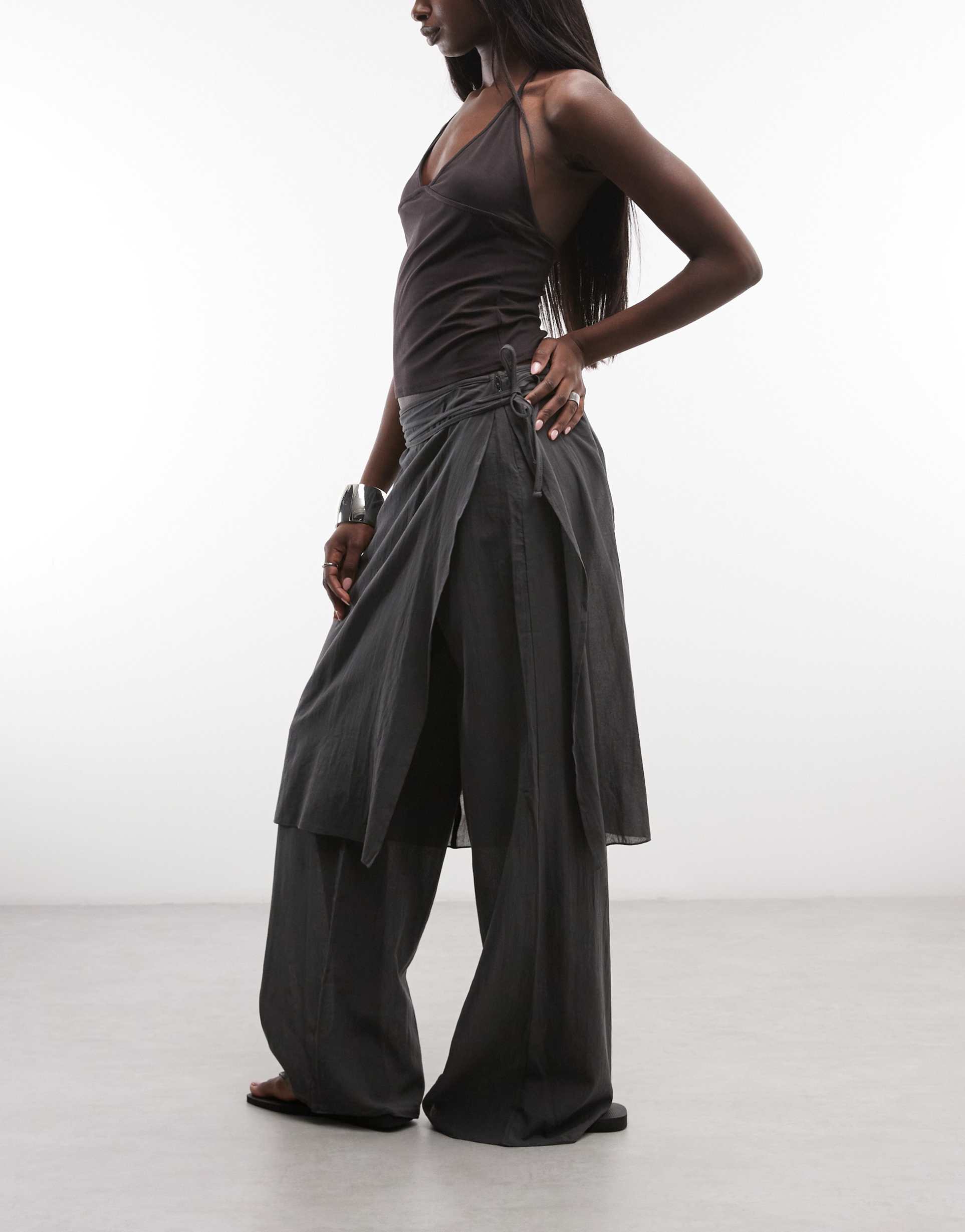 weekday sheer pants with layered skirt in dark gray